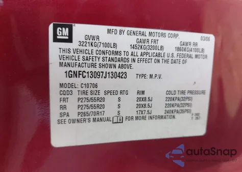 2007 Chevrolet Tahoe Ltz z USA, uszkodzony, nr VIN 1GNFC13097J130423